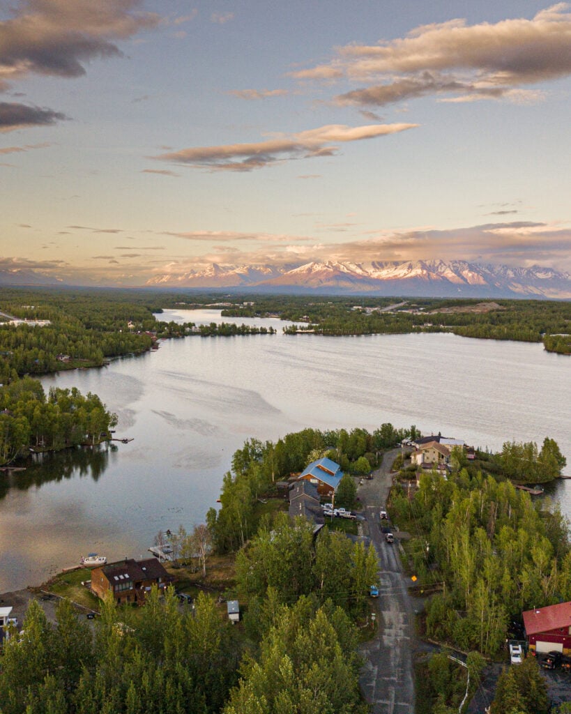 Wasilla-Meadow Lakes real estate — aerial view of Wasilla Lake and Pioneer Peak